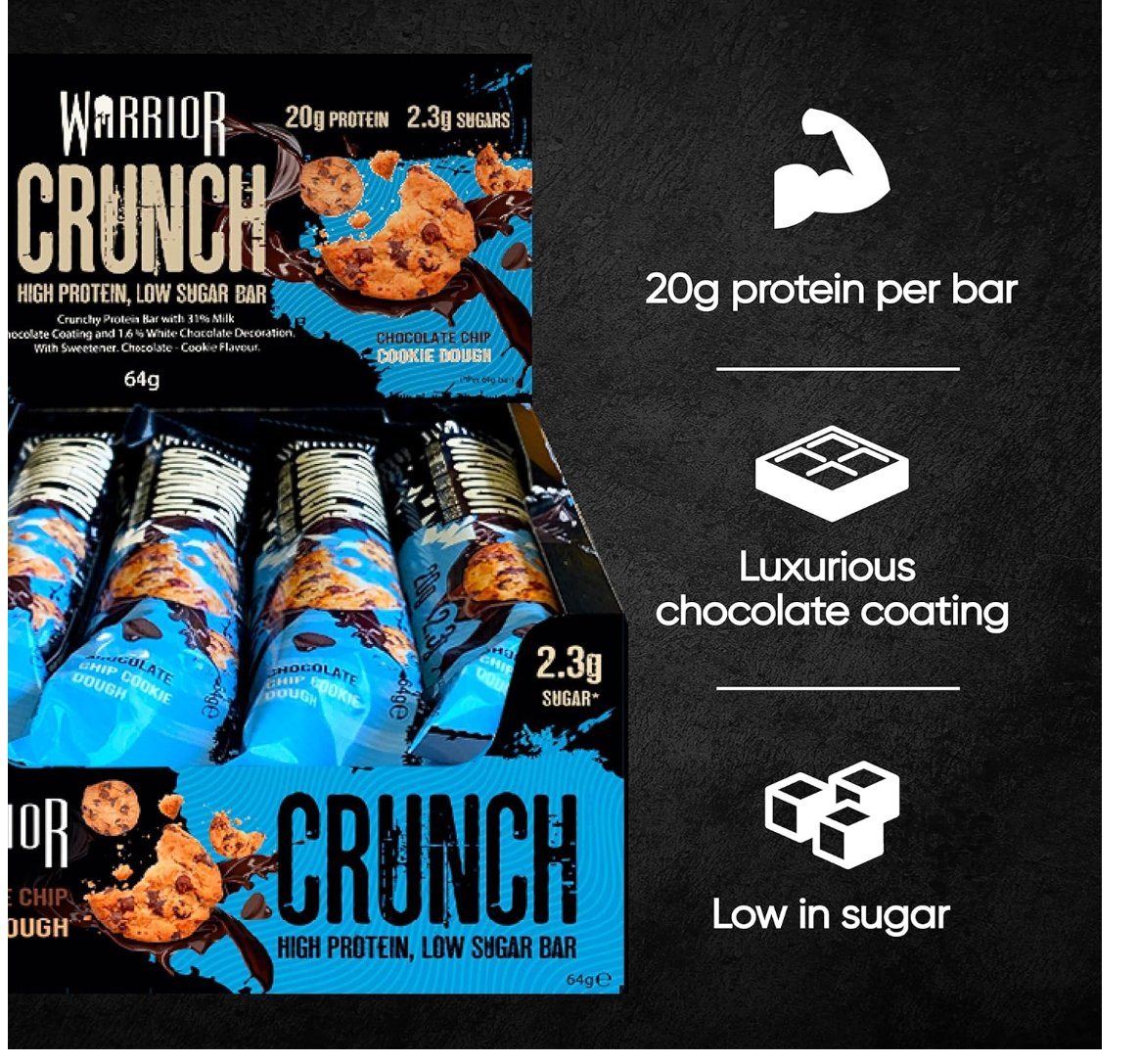 Warrior, CRUNCH - High Protein Bars - 20g Protein Each Bar - 12 Pack x 64g, Chocolate Chip Cookie Dough - Supplements4HealthWarrior