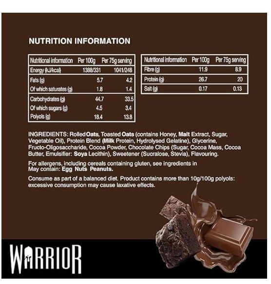 Warrior Raw Protein Flapjack Choc Brownie 12X75G - Supplements4HealthWarrior