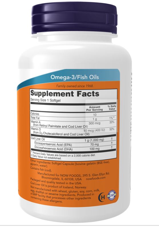 Now Cod Liver Oil omega-3 fatty acids, vitamin A, and vitamin D, 1000mg, 180 Softgels - Supplements4HealthNow Foods