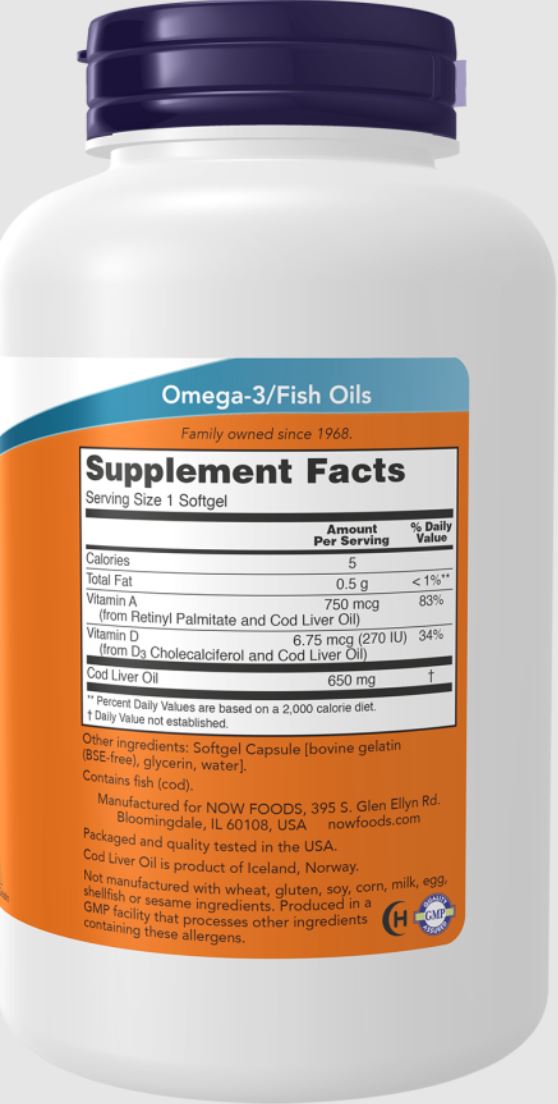 NOW Cod Liver Oil ,rich source of vitamins A and D, as well as omega-3 fatty acids, 650mg 250 Soft gels - Supplements4HealthNow Foods