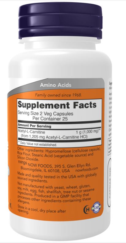 Now Foods, Acetyl-L-Carnitine, 500mg, 100 Vegan Capsules to improve cognitive function, mood, and athletic performance. - Supplements4HealthNow Foods