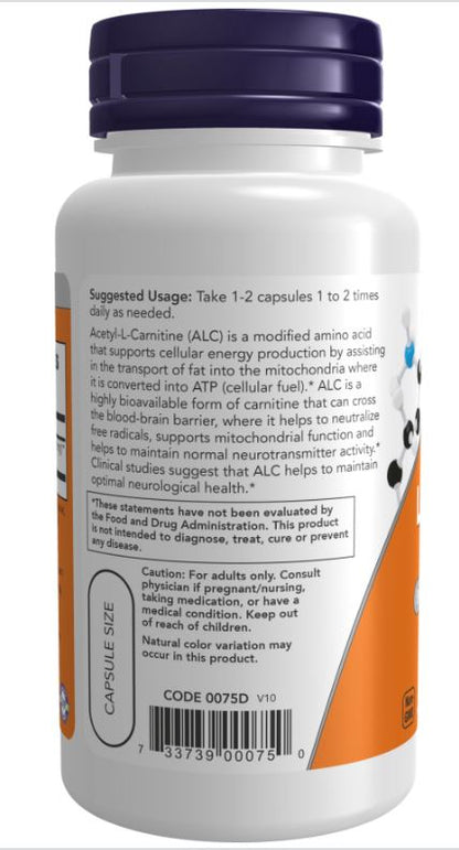 Now Foods, Acetyl-L-Carnitine, 500mg, 100 Vegan Capsules to improve cognitive function, mood, and athletic performance. - Supplements4HealthNow Foods