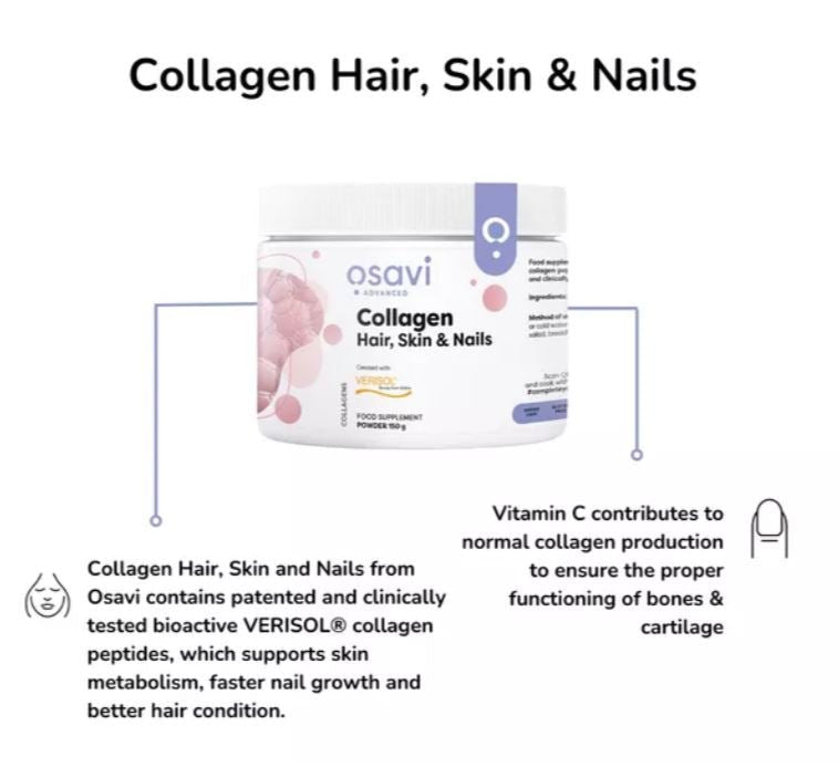 Osavi Collagen Peptides Hair Skin and Nails 150g 60 Doses unflavoured . Verisol® collagen peptides, clinically proven to improve skin elasticity, reduce appearance of wrinkles, and promote stronger hair and nails. - Supplements4HealthOsavi